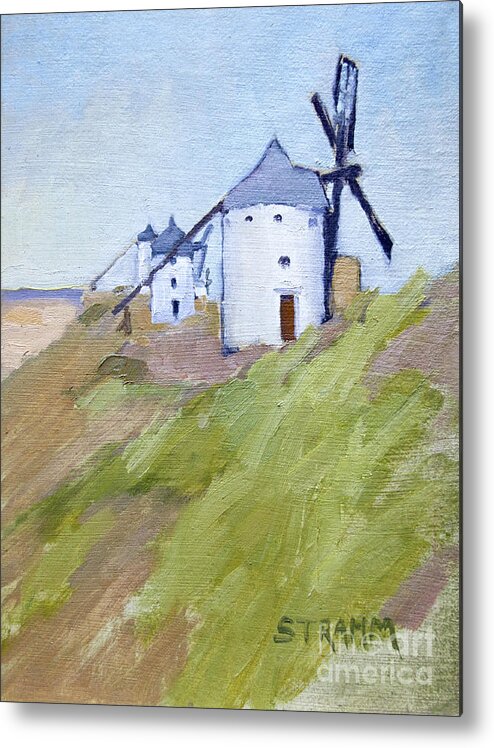 In The Middle Of Now Where Sits A Row Of 17th Century Windmills Resting Atop A Ridge Buffering The Eastern Valley From The Strong Winds Coming From The West. It Was Quite An Adventure To First Find Them Then Position My Self To Where I Was Able To Paint With Out All My Supplies Blowing Away. But I Did It! Metal Print featuring the painting Windmills of Consuegra, Spain by Paul Strahm