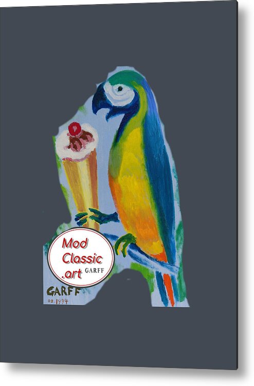 Parrot Metal Print featuring the painting Yellow Ara with Ice Cream ModClassic Art by Enrico Garff
