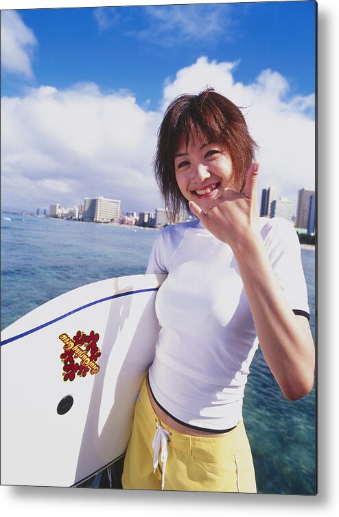 Holding Metal Print featuring the photograph Young woman with paddleboard, portrait by Dex Image