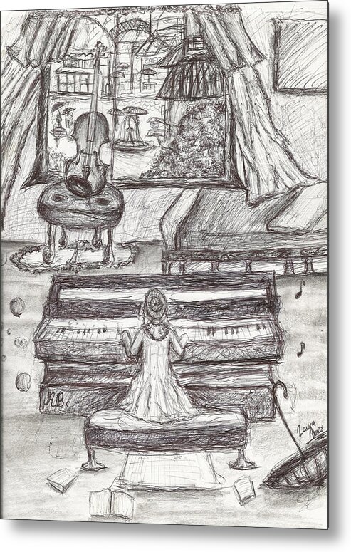 My Love For Rain Black White Girl Playing Piano Pen Drawing Metal Print