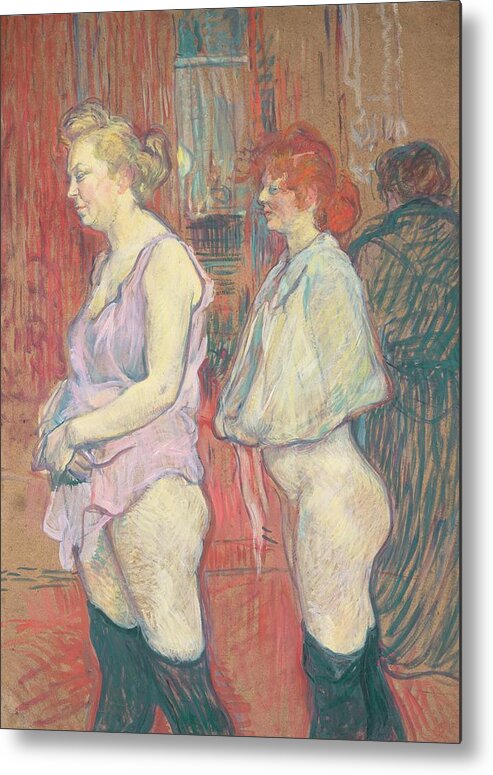 Female; Prostitute; Stocking; Nude; Half; Dressed; Provocative; Seductive; Side; View; Profile; Half; Length; Prostitution; Post-impressionist; Brothel Metal Print featuring the painting Rue des Moulins by Henri de Toulouse-Lautrec