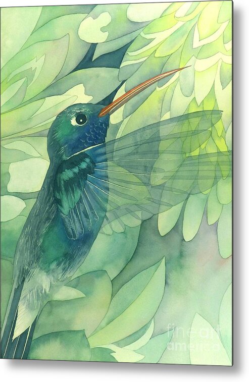 Watercolor Metal Print featuring the painting Hummingbird And Chrysanthemum by Robert Hooper