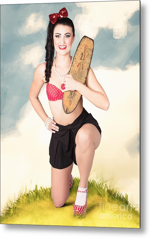 Skateboard Metal Print featuring the photograph Vintage photo illustration. Smiling skater woman #1 by Jorgo Photography