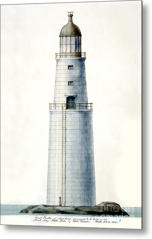 1852 Minot's Ledge Lighthouse Metal Print featuring the drawing 1852 Minot's Ledge Lighthouse by Jon Neidert