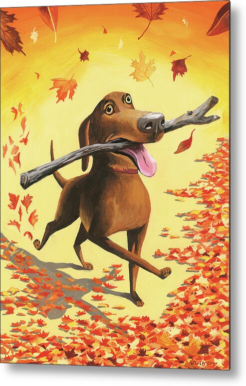 Dog Metal Print featuring the digital art A Dog Carries A Stick Through Fall Leaves by Mark Ulriksen