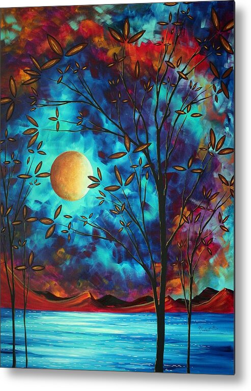 Abstract Metal Print featuring the painting Abstract Art Landscape Tree Blossoms Sea Moon Painting VISIONARY DELIGHT by MADART by Megan Aroon