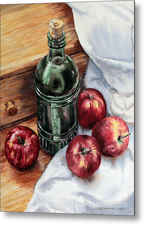 Watercolor Metal Print featuring the painting Apples and a Bottle of Liqueur by Joey Agbayani