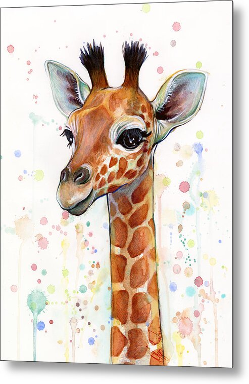 Watercolor Metal Print featuring the painting Baby Giraffe Watercolor by Olga Shvartsur