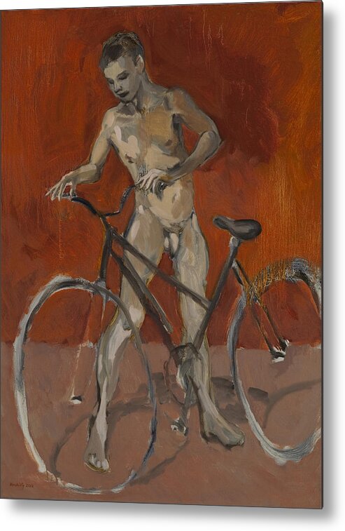 Boy Metal Print featuring the painting Boy with bicycle red oxide by Peregrine Roskilly