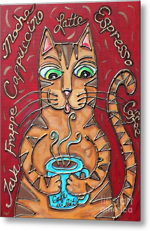 Cat Metal Print featuring the mixed media Cat Cafe au Lait by Cynthia Snyder