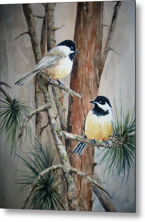 Watercolor Metal Print featuring the painting Chickadee Pair by Marilyn Clement