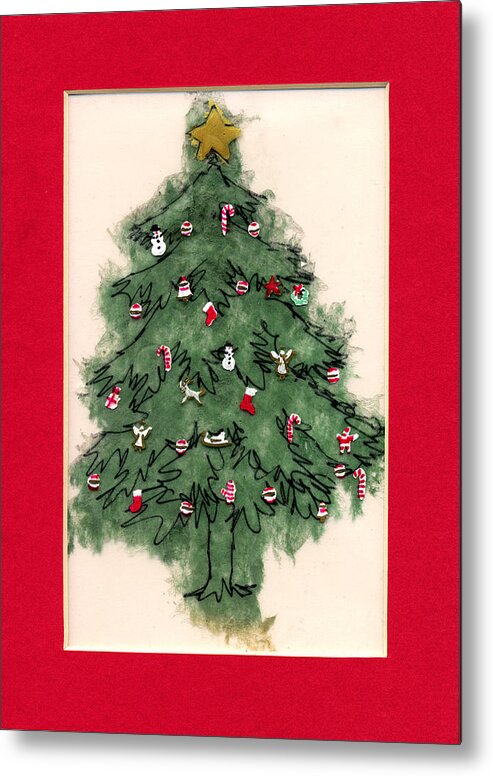 Christmas Paintings Metal Print featuring the painting Christmas Tree with Red Mat by Mary Helmreich