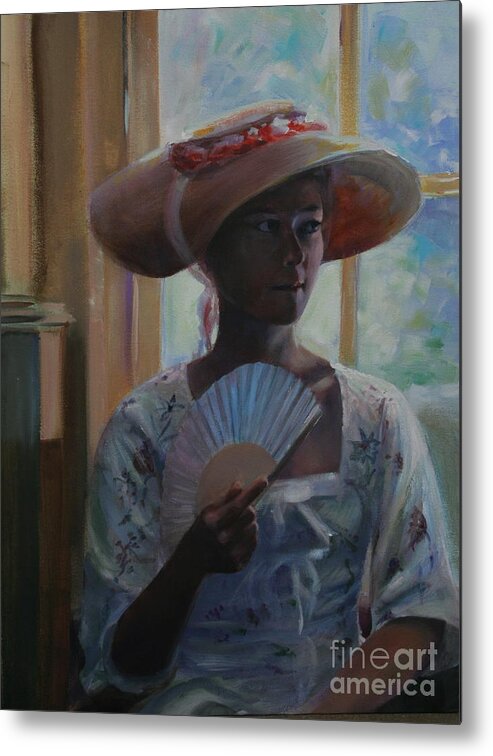 Young Lady With Fan Metal Print featuring the painting Comportment by Susan Bradbury