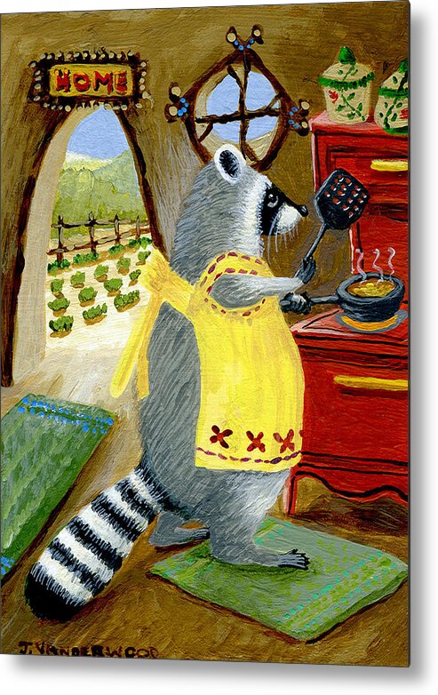 Raccoon Metal Print featuring the painting Cooking Lunch by Jacquelin L Westerman