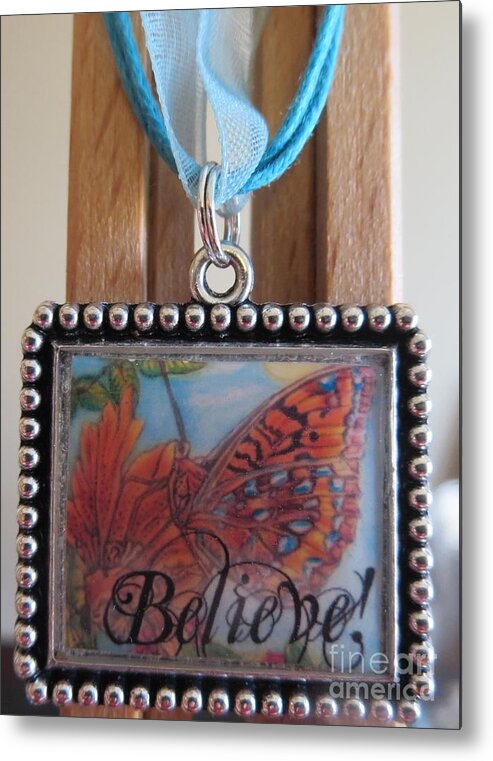 Nature Scene Orange With Blue Spots Nd Black Markings Lighting On A Copier Red Orange Tiger Day Lily Blue Sky In A Resin Necklace Metal Print featuring the painting Believe...a Colorful Butterfly Lights Upon a Tiger Lily in a Necklace by Kimberlee Baxter