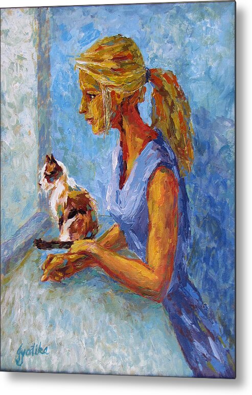 Girl And Cat Metal Print featuring the painting Curiosity by Jyotika Shroff