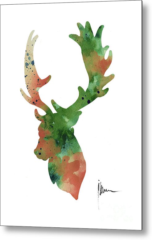 Deer Metal Print featuring the painting Deer antlers silhouette watercolor art print painting by Joanna Szmerdt