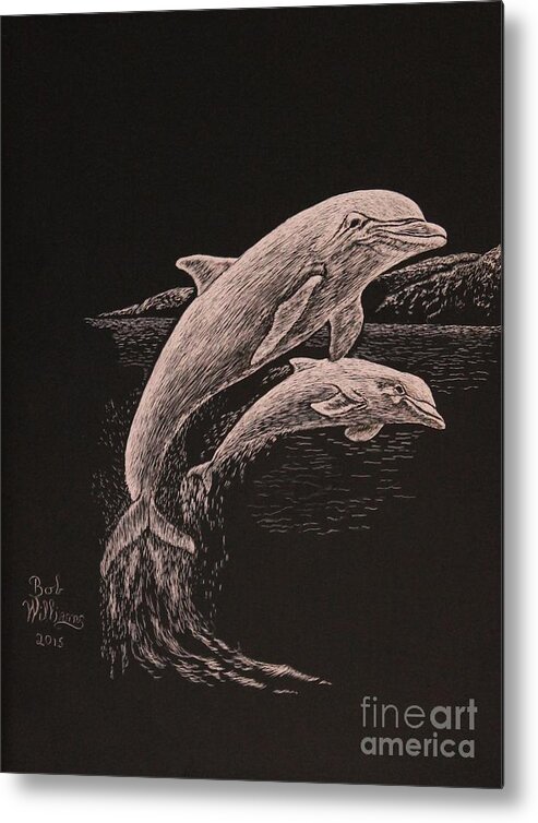 Clayboard Metal Print featuring the painting Dolphin Dynamic Duo by Bob Williams