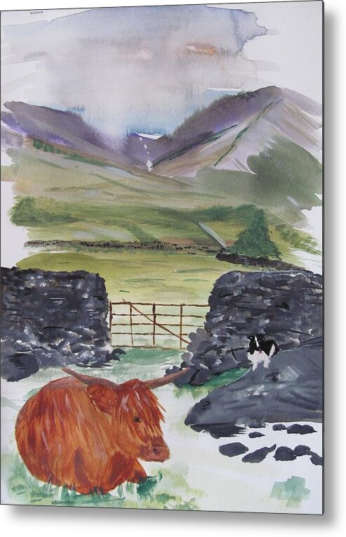 Scottish Cow Metal Print featuring the painting Dragon Rock by Susan Voidets
