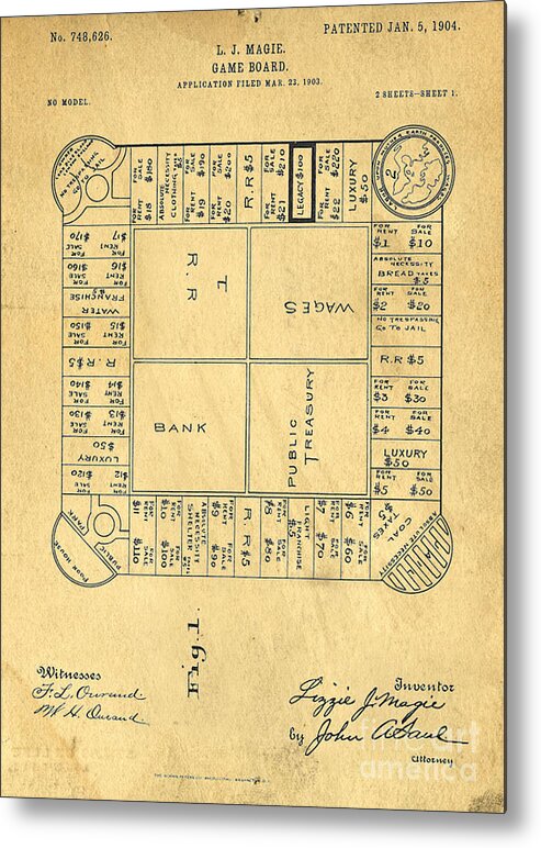 Landlord Metal Print featuring the digital art Early Version of Monopoly Board Game Patent by Edward Fielding