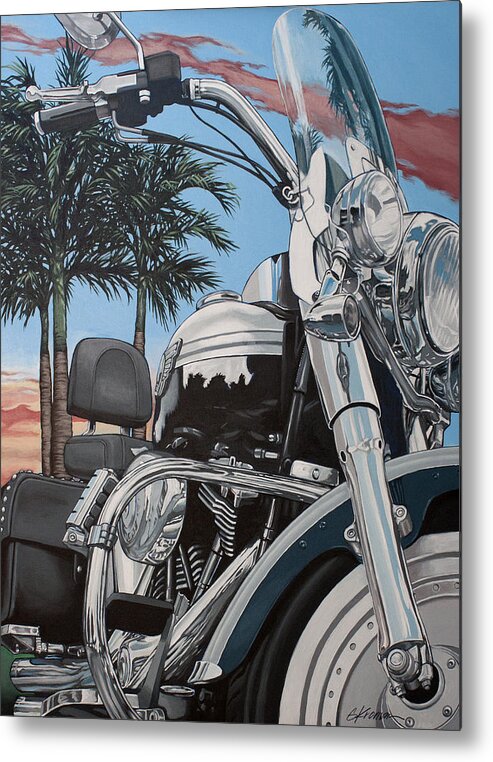 Harley Davidson Metal Print featuring the painting Fatboy Sunset by Gary Kroman