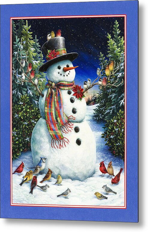 Snowman Metal Print featuring the painting Feathered Friends by Lynn Bywaters