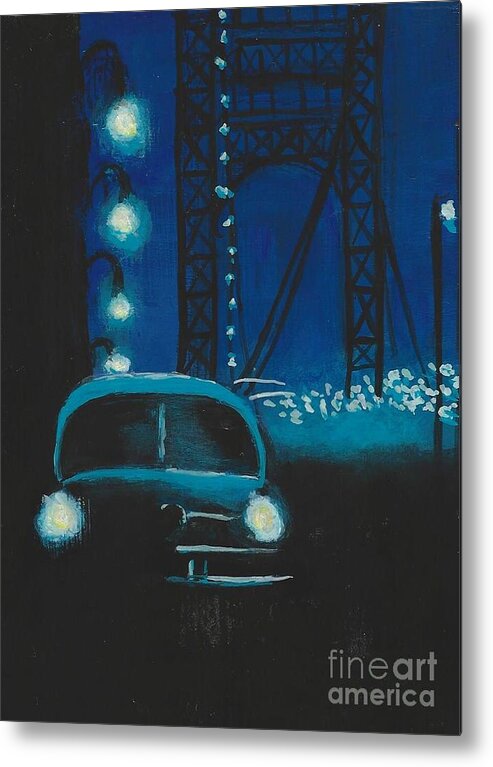 #film Noir #retro #1940's #cars #bridges Metal Print featuring the painting Film Noir in Blue #1 by Allison Constantino