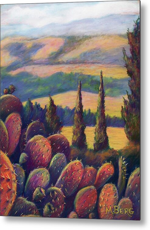 Landscape Metal Print featuring the painting Flaming Cacti by Marian Berg