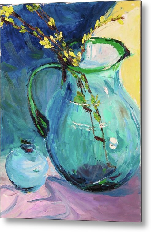 Flower Metal Print featuring the painting Forsythia in a Glass Jar by Nicolas Bouteneff