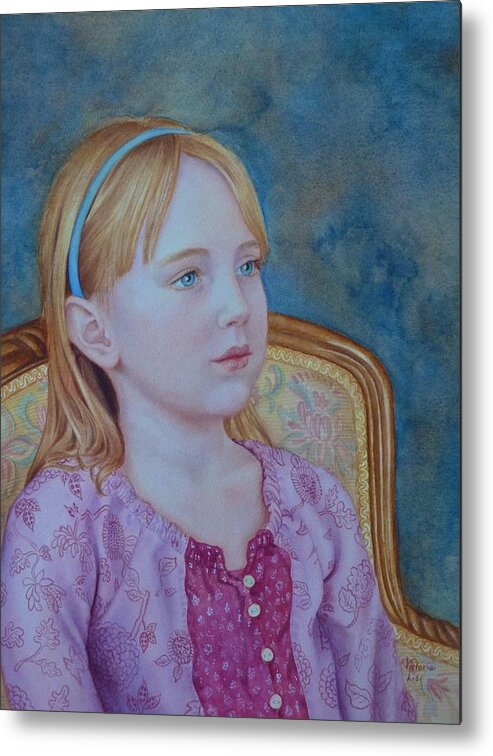 Watercolor Portrait Metal Print featuring the painting Girl with Blue Headband by Victoria Lisi