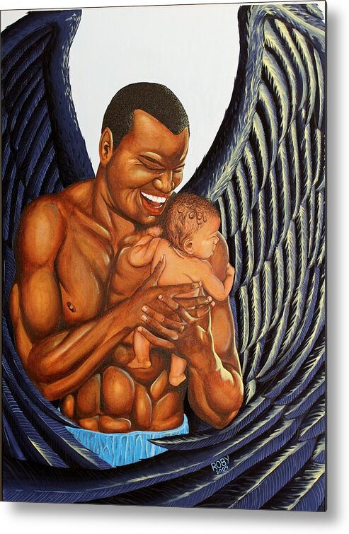 Strong African American Male Depicted As An Angel Holding An Infant. Metal Print featuring the painting Guardian by William Roby