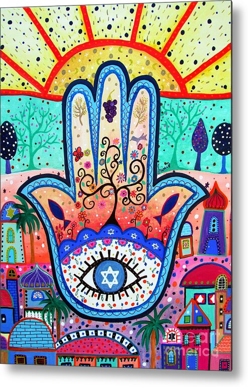 Hamsa Metal Print featuring the painting Hamesh Evil Eye by Pristine Cartera Turkus