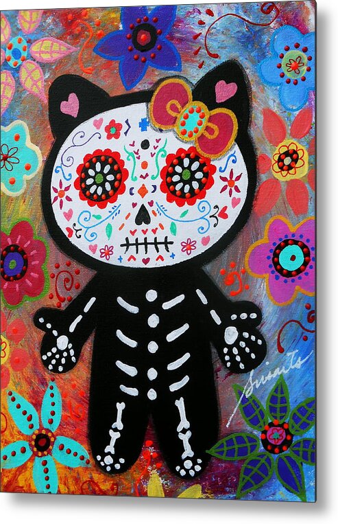 Cat Metal Print featuring the painting Hello Kitty Dia De Los Muertos by Pristine Cartera Turkus