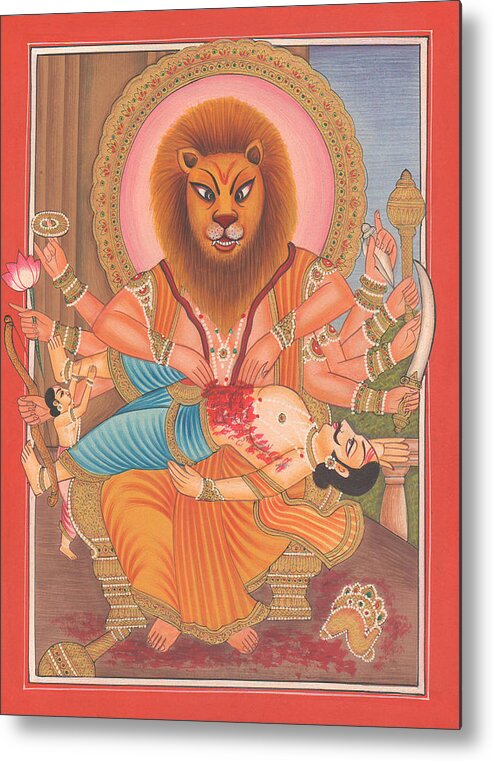 Lion God Metal Print featuring the painting Hindu God Narsing Avtaar Narsimha by A K Mundhra