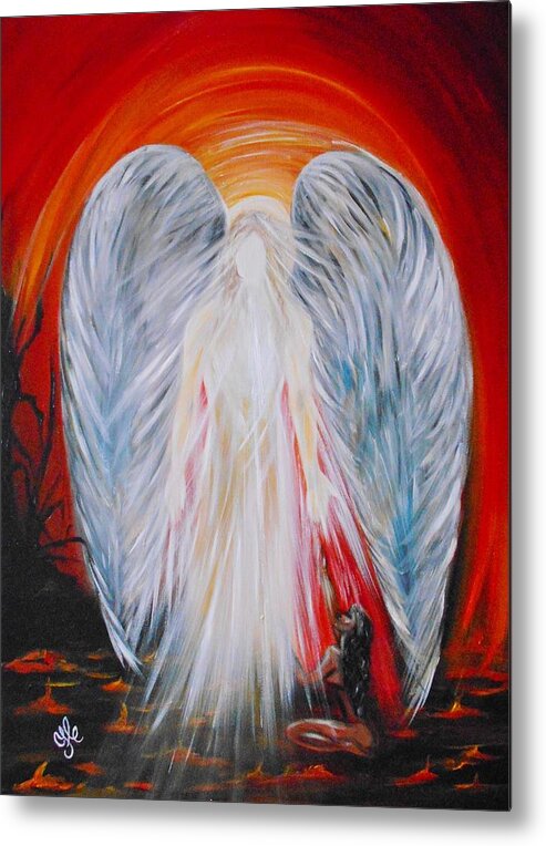 Michael Archangel Greeting Cards Metal Print featuring the painting Hope in Hell - Michael Archangel Series by Yesi Casanova 