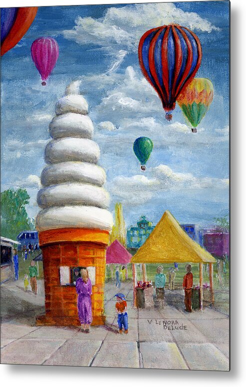 Balloon Metal Print featuring the painting Hot Air Balloon Carnival and Giant Ice Cream Cone by Lenora De Lude