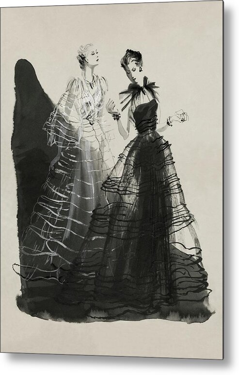 Designer Metal Print featuring the digital art Illustration Of Two Women Wearing Evening Gowns by Rene Bouet-Willaumez