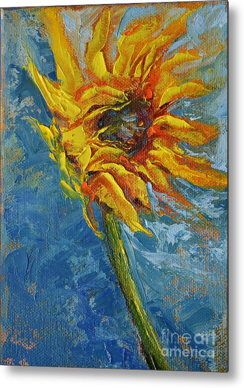 Sunflower Yellow Blue Green Blowing Wind Sky Nature Garden Flower Seed Air Metal Print featuring the painting In Motion by Patricia Caldwell