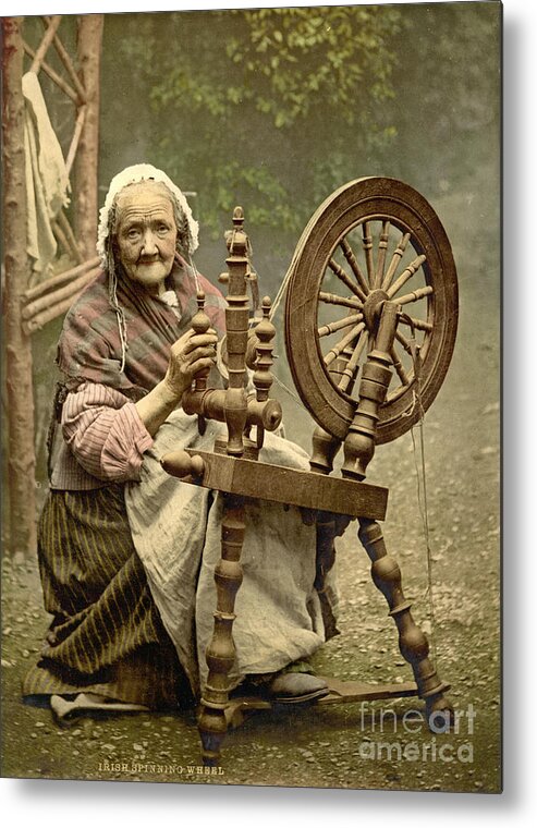 Irish Woman And Spinning Wheel 1890 Metal Print featuring the photograph Irish Woman and Spinning Wheel by Padre Art