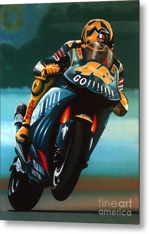 Valentino Rossi On Ducati Metal Print featuring the painting Jumping Valentino Rossi by Paul Meijering