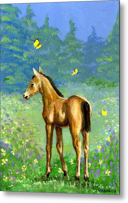 Horse Metal Print featuring the painting Little Colt and Butterflies by Jacquelin L Westerman