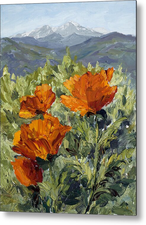 Oil Metal Print featuring the painting Longs Peak Poppies by Mary Giacomini