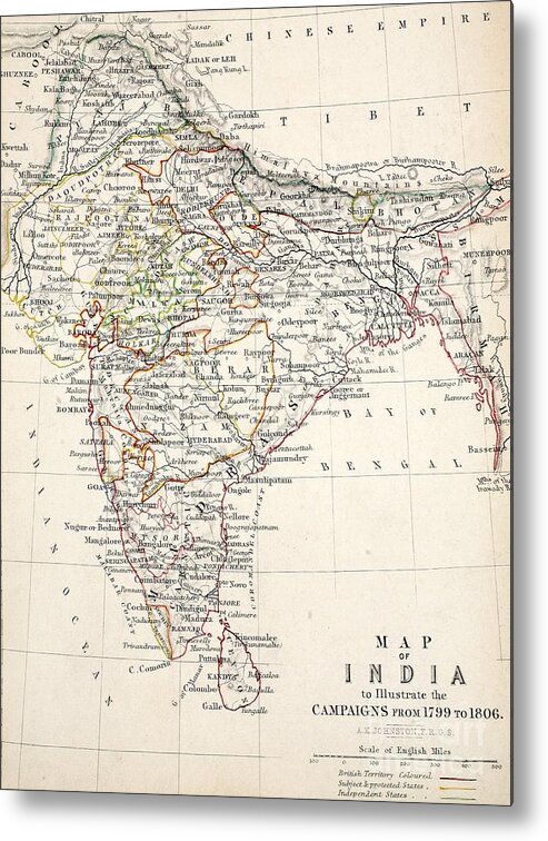 Map Metal Print featuring the drawing Map of India by Alexander Keith Johnson