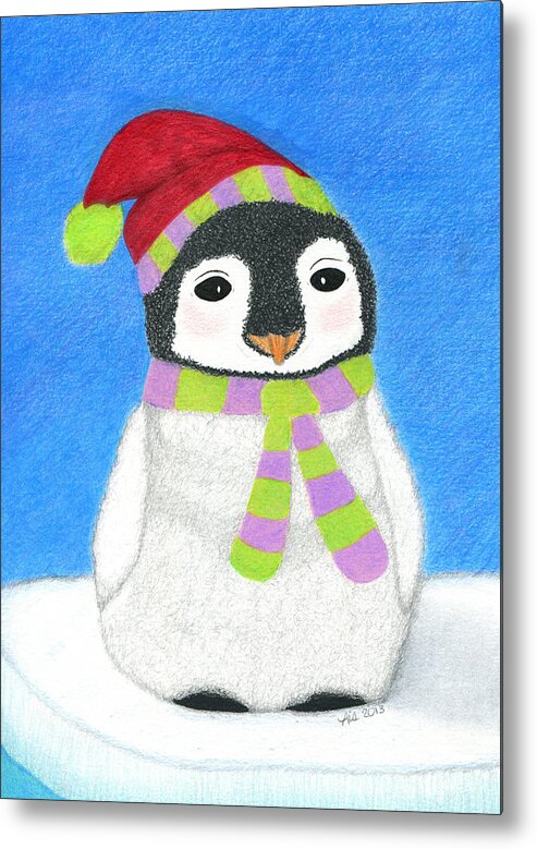 Christmas Metal Print featuring the drawing Merry O' Penguin by Lisa Blake
