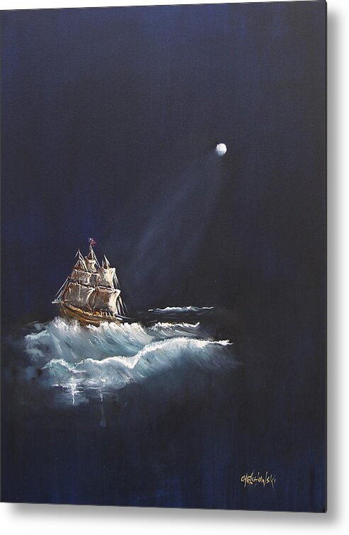 Moon Sailing Night Ship Boat Wave Ocean Dark Painting Print Sail Sailcloth Light Seaside Seashore Seaport Seaman Seafaring Seacoast Seaboard Seaborne Metal Print featuring the painting Moon Sailing by Miroslaw Chelchowski