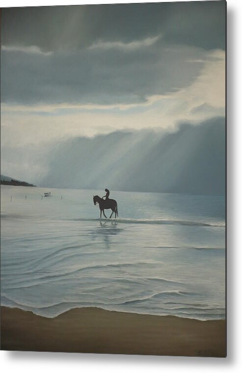 Horse Sea Sand Clouds Sun Beach Scene Metal Print featuring the painting Morning Ride by Caroline Philp