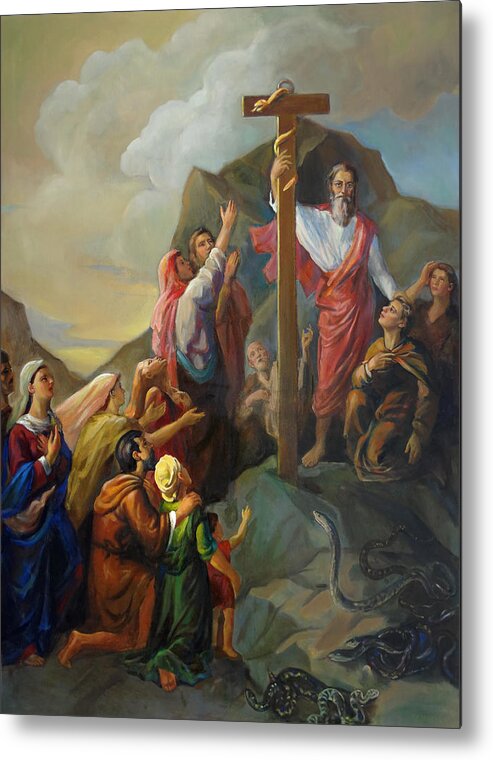 Moses Metal Print featuring the painting Moses and the Brazen Serpent - Biblical Stories by Svitozar Nenyuk