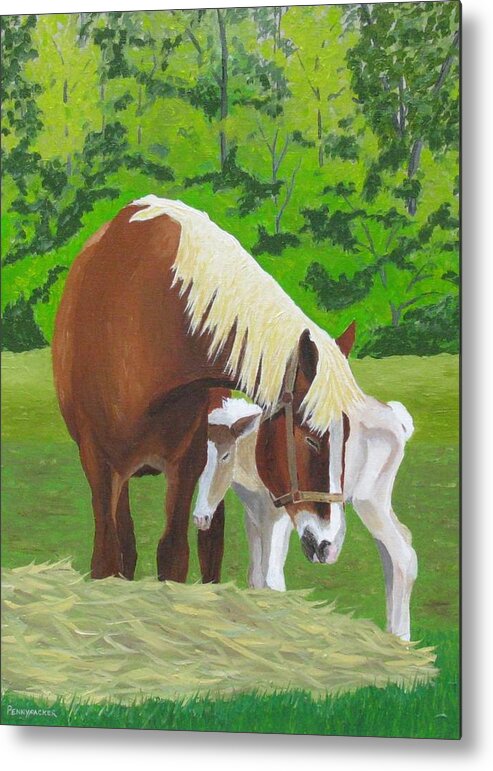 Belgian Draft Horse And Week-old Foal Metal Print featuring the painting Mother and Son by Barb Pennypacker