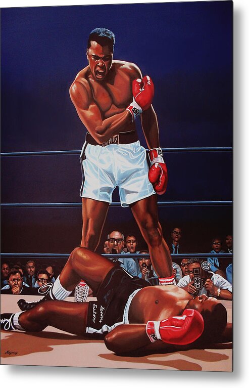 Mohammed Ali Versus Sonny Liston Muhammad Ali Paul Meijering Boxing Boxer Prizefighter Mohammed Ali Ali Sonny Liston Cassius Clay Big Bear The Greatest Boxing Champion The People's Champion The Louisville Lip Knockout Paul Meijering Wbc World Champions Heavyweight Boxing Champions Athlete Icon Portrait Realism Sport Heavyweight Adventure Down Sportsman Hero Painting Canvas Realistic Painting Art Artwork Work Of Art Realistic Art Ring Celebrity Celebrities Metal Poster featuring the painting Muhammad Ali versus Sonny Liston by Paul Meijering
