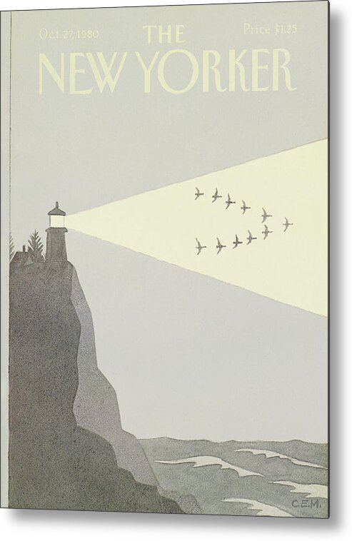 (a Flock Of Birds Flying In The Beam Of A Lighthouse.) Seashore Nature Animals Geese Charles E. Martin Cma Artkey 47554 Metal Print featuring the painting New Yorker October 27th, 1980 by Charles E Martin